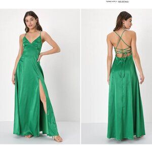 Lulus Enchanting Appearance Green Satin Lace-Up Maxi Dress